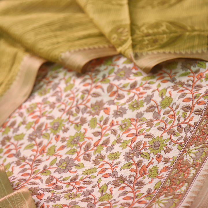 जीनत White with Olive Green Floral Printed Mangalgiri Hem Work Cotton Suit Set