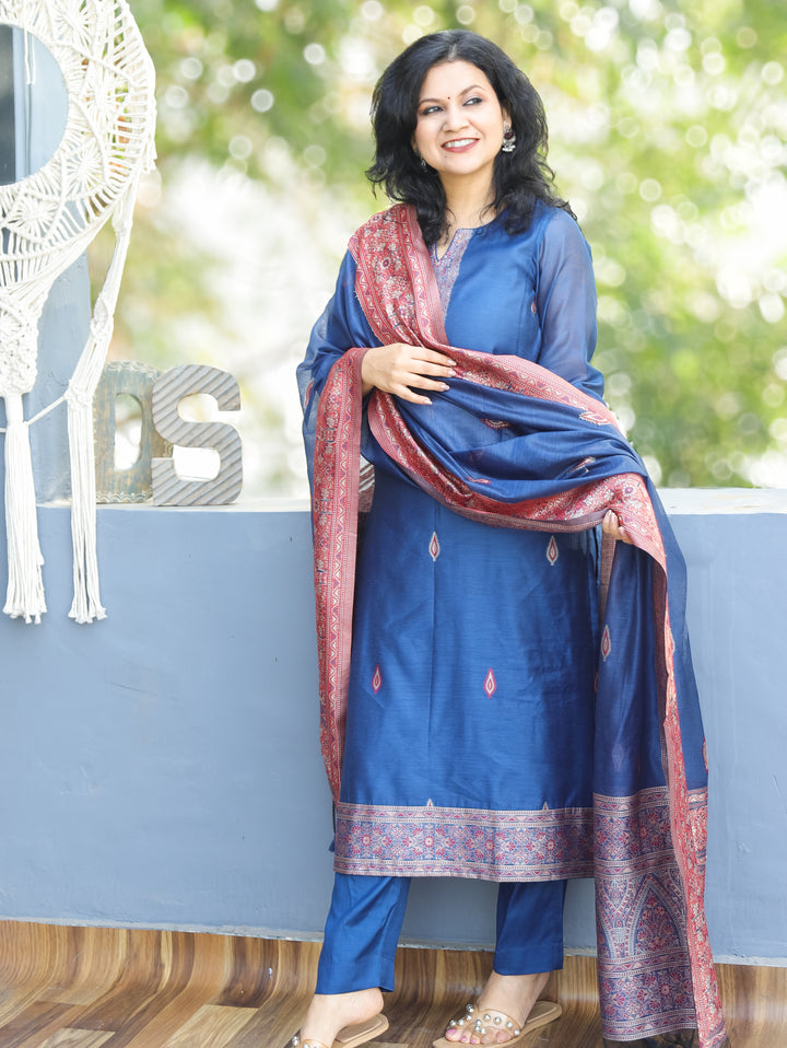 Rupali Denim Blue Round Neck in Jamdani Kashmiri Inspired Chanderi 3 Piece Set