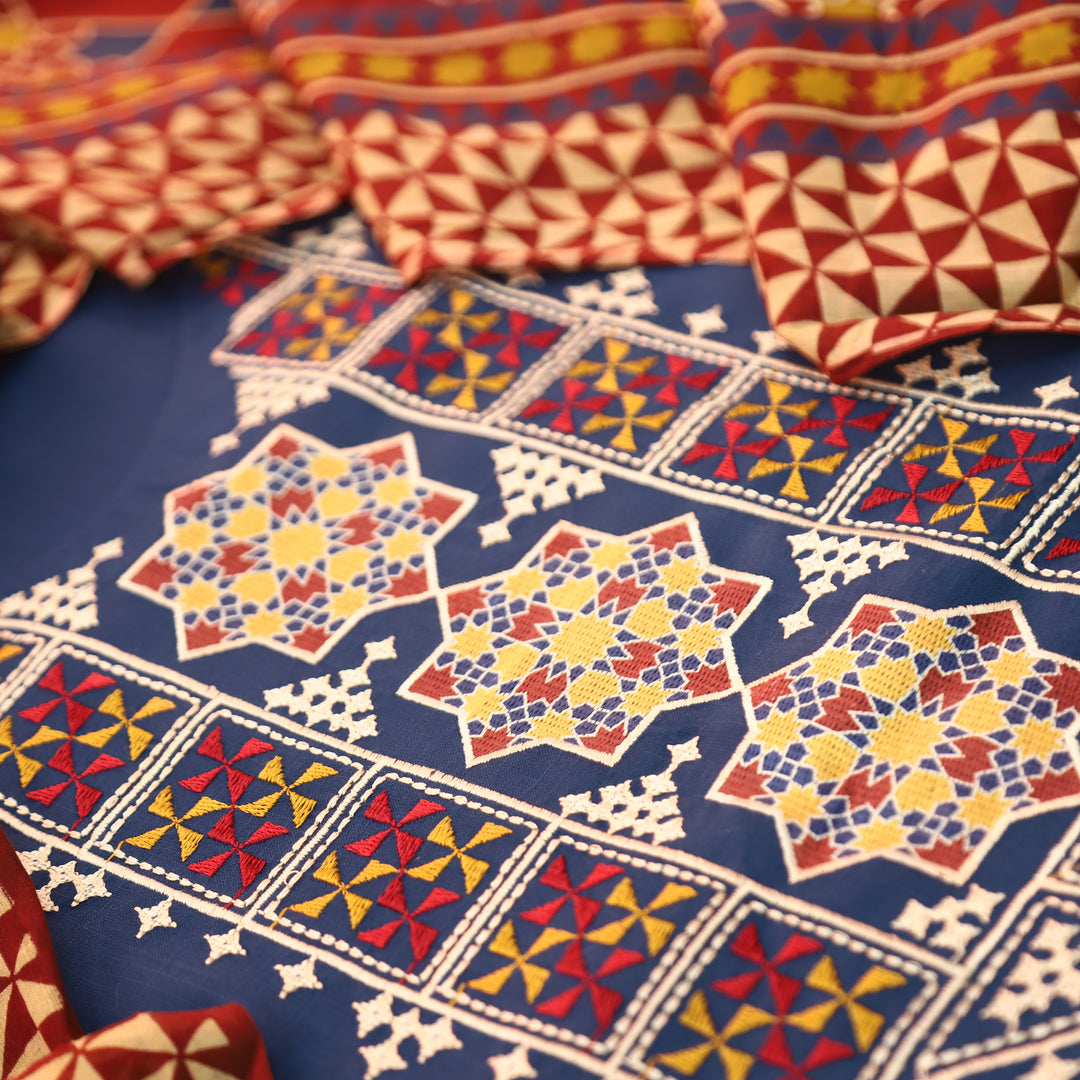 Ruvi Blue Thread Embroidered Neck Work Cotton Rayon Set