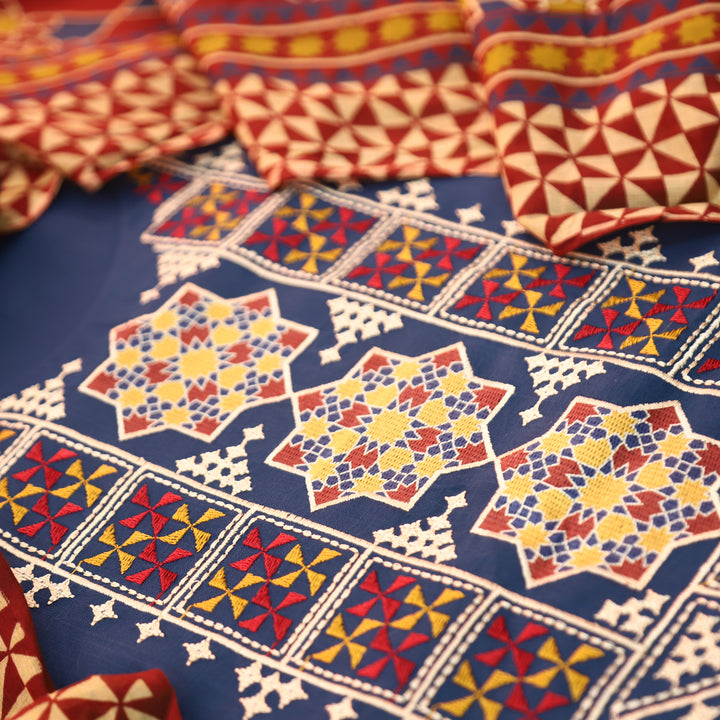 Ruvi Blue Thread Embroidered Neck Work Cotton Rayon Set