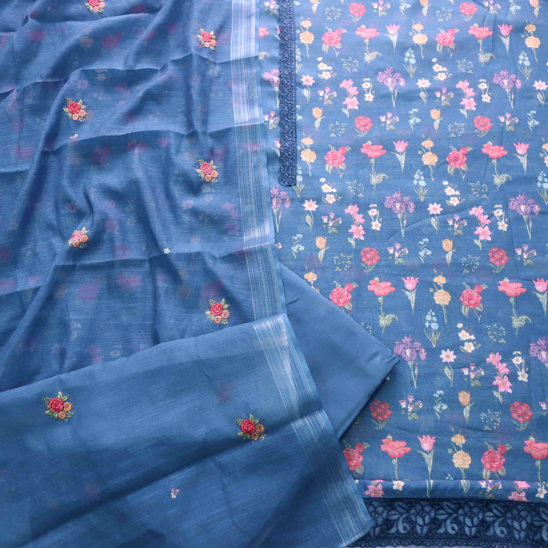 Shiddat Misty Blue Digital Floral Printed Cotton Linen Suit Set