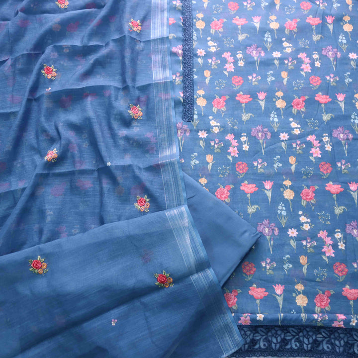 Shiddat Misty Blue Digital Floral Printed Cotton Linen Suit Set