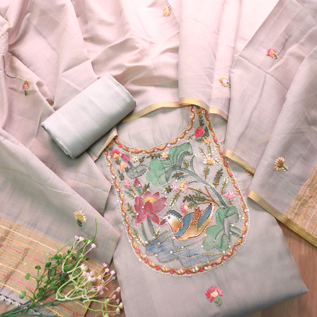 Hanshika Sky Grey Floral Hand Painted Kantha Work Chanderi Set