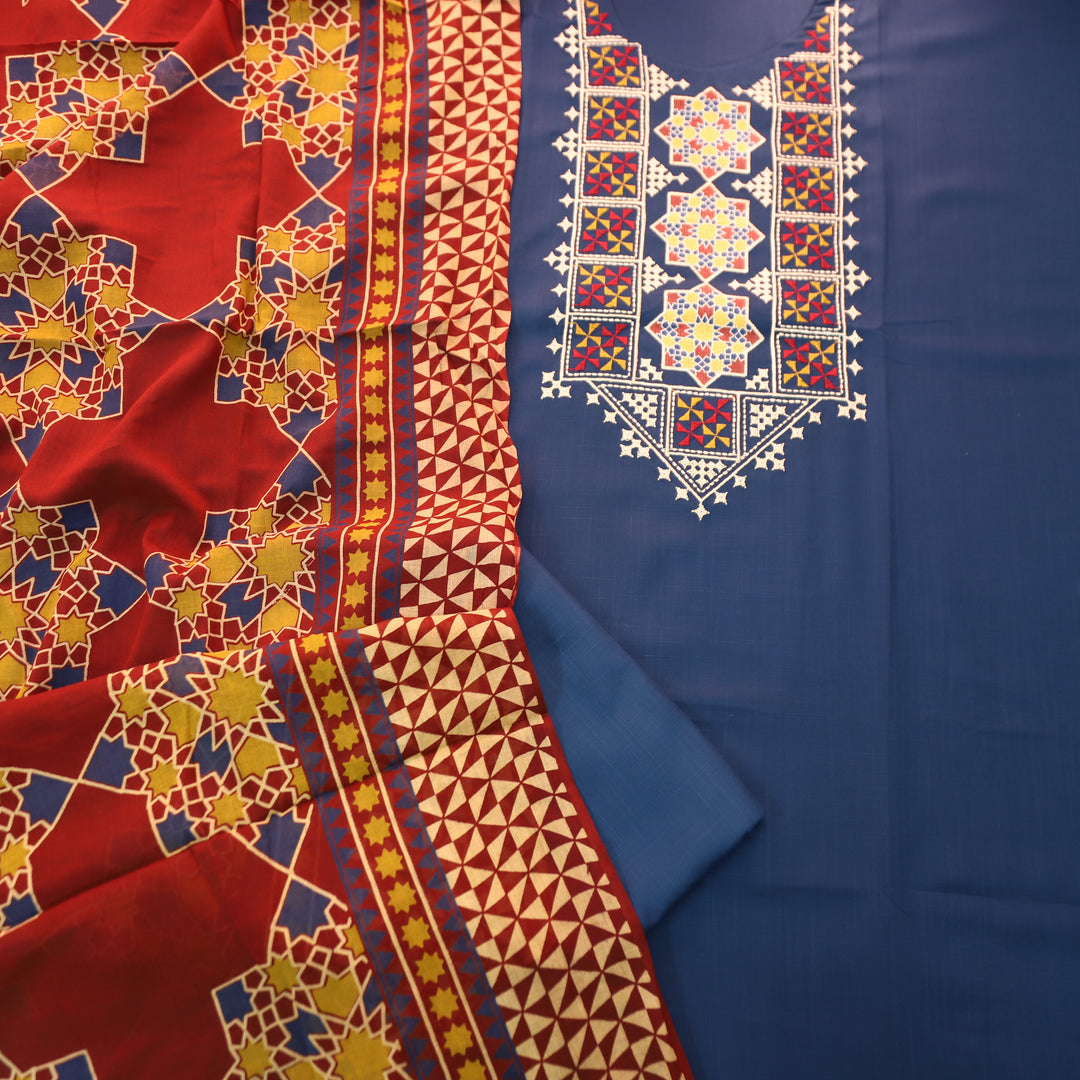 Ruvi Blue Thread Embroidered Neck Work Cotton Rayon Set
