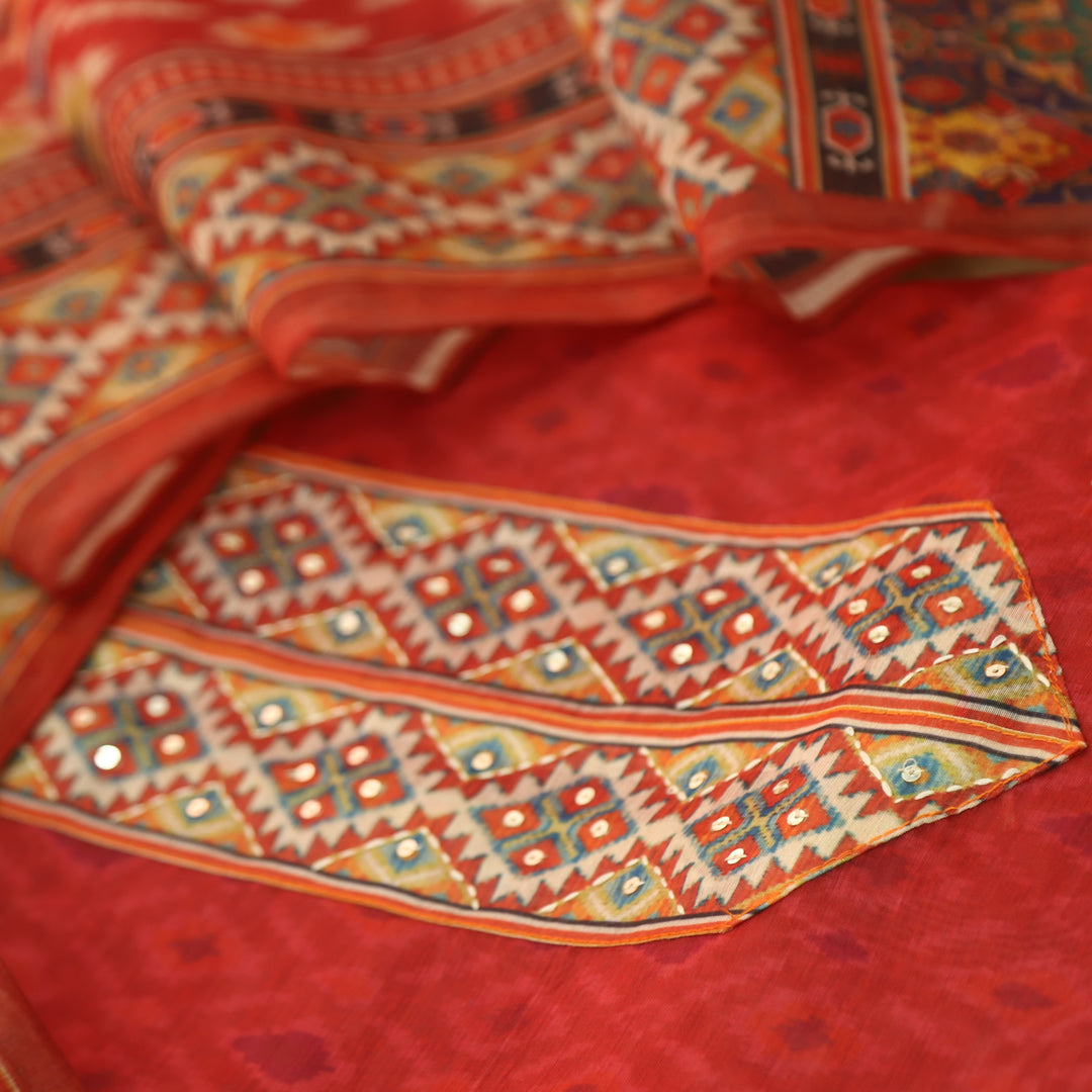 Pardesi Red Fox Orange Kantha Work Patch in Printed Chanderi Suit Set