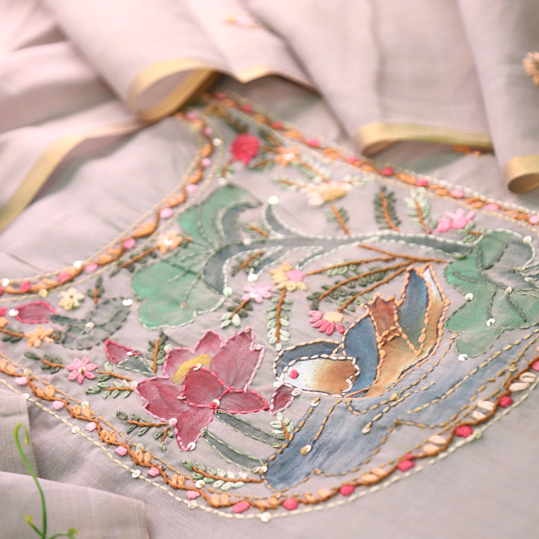 Hanshika Sky Grey Floral Hand Painted Kantha Work Chanderi Set