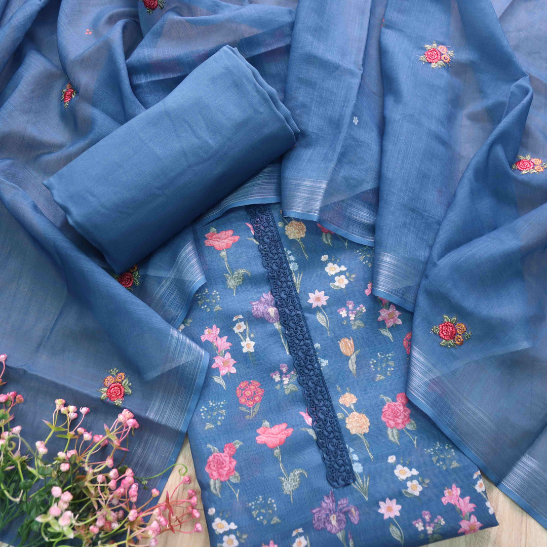 Shiddat Misty Blue Digital Floral Printed Cotton Linen Suit Set