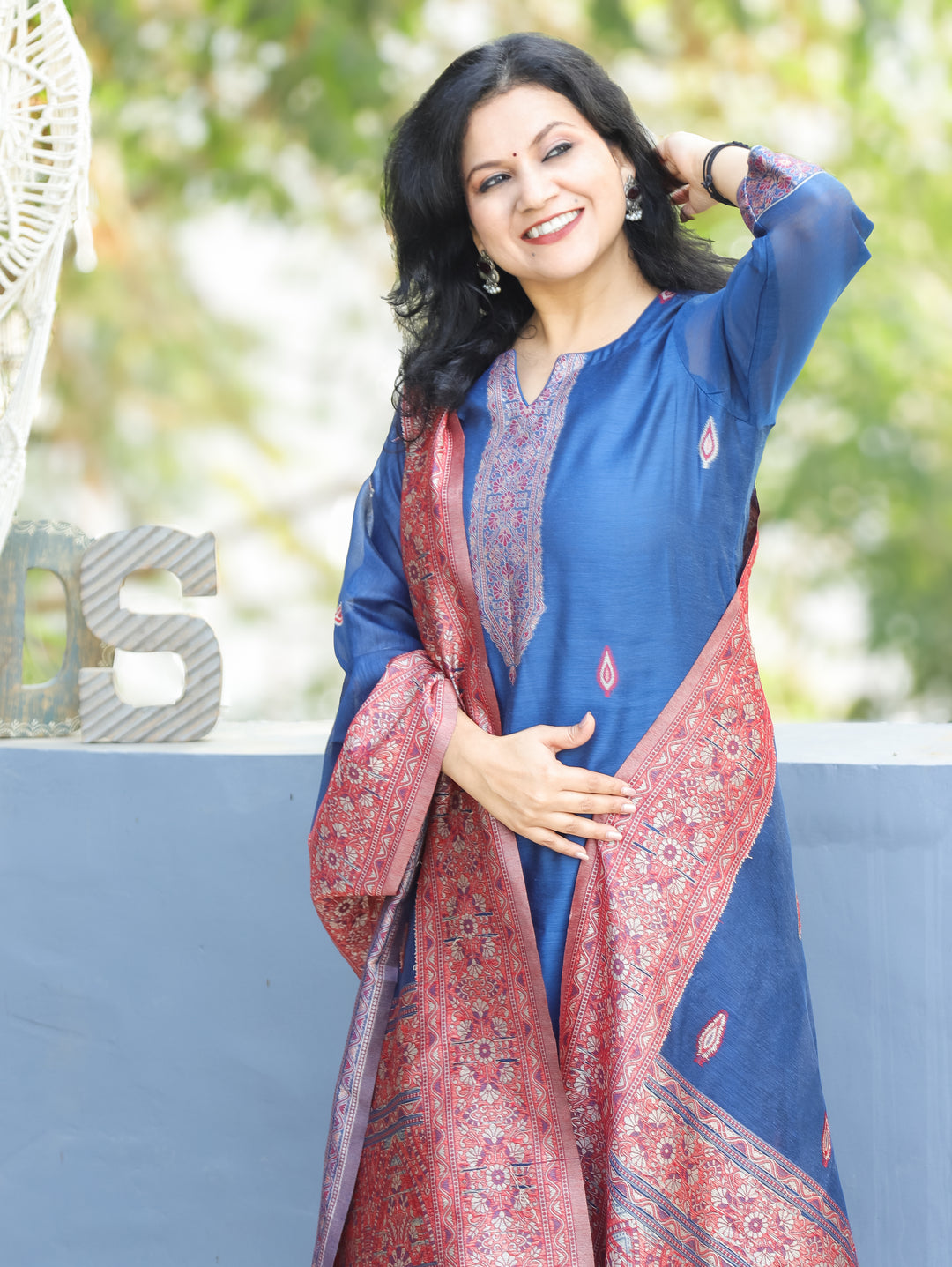 Rupali Denim Blue Round Neck in Jamdani Kashmiri Inspired Chanderi 3 Piece Set