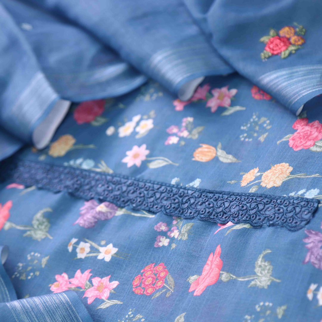 Shiddat Misty Blue Digital Floral Printed Cotton Linen Suit Set