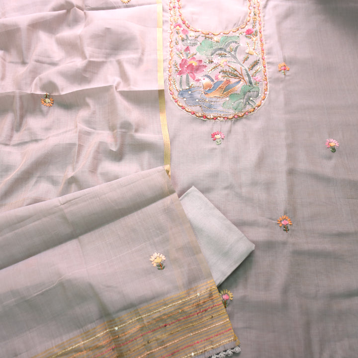Hanshika Sky Grey Floral Hand Painted Kantha Work Chanderi Set