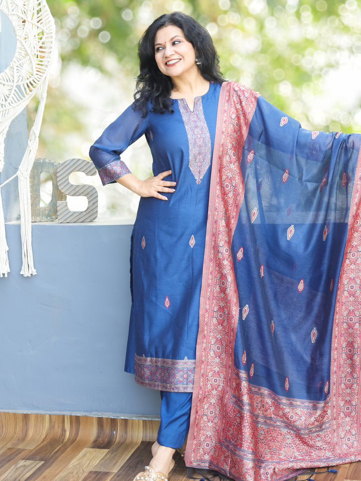 Rupali Denim Blue Round Neck in Jamdani Kashmiri Inspired Chanderi 3 Piece Set