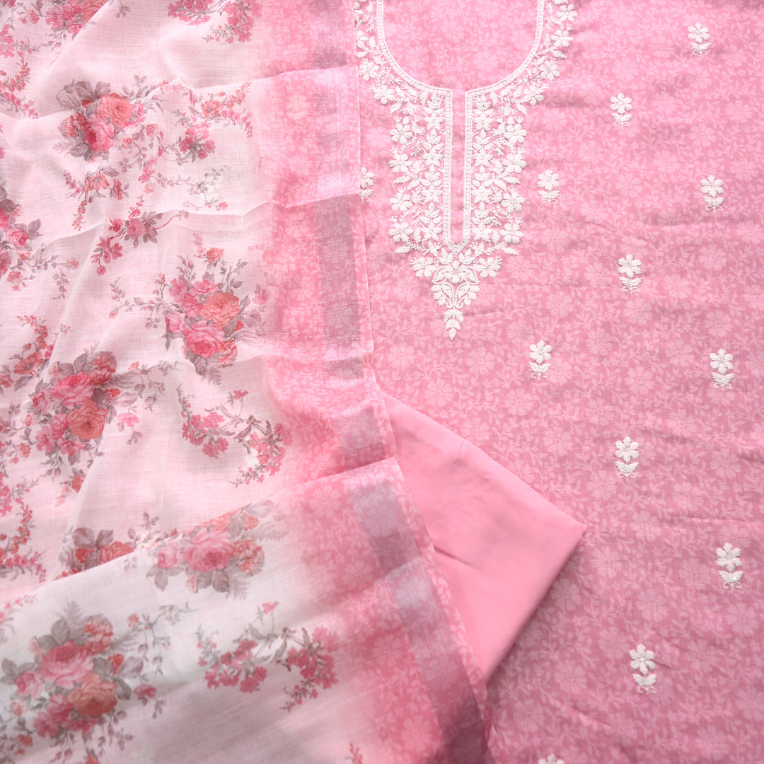 Roop Blush Pink Thread Work Embroidery Neck Cotton Linen Suit Set