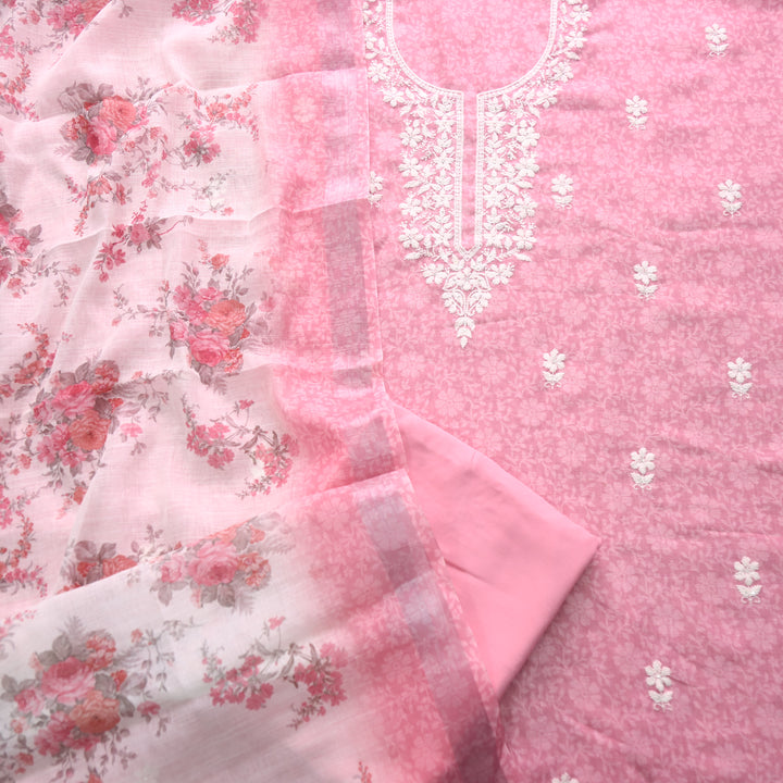 Roop Blush Pink Thread Work Embroidery Neck Cotton Linen Suit Set