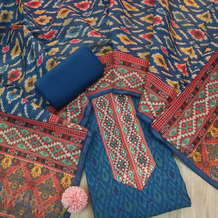 Pardesi Cerulean Blue Kantha Work Patch in Printed Chanderi Suit Set