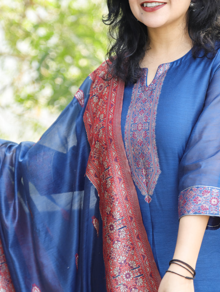 Rupali Denim Blue Round Neck in Jamdani Kashmiri Inspired Chanderi 3 Piece Set