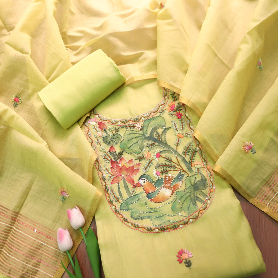 Hanshika Butter Yellow Floral Hand Painted Kantha Work Chanderi Set