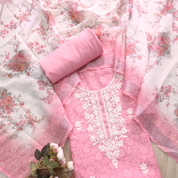 Roop Blush Pink Thread Work Embroidery Neck Cotton Linen Suit Set