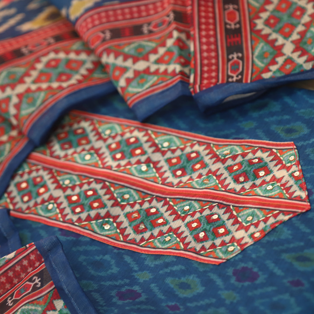 Pardesi Cerulean Blue Kantha Work Patch in Printed Chanderi Suit Set