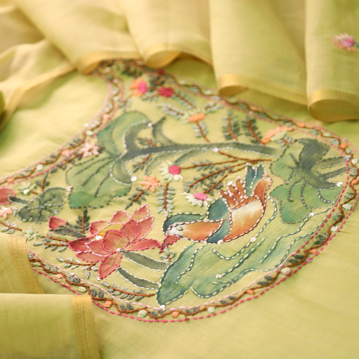 Hanshika Butter Yellow Floral Hand Painted Kantha Work Chanderi Set