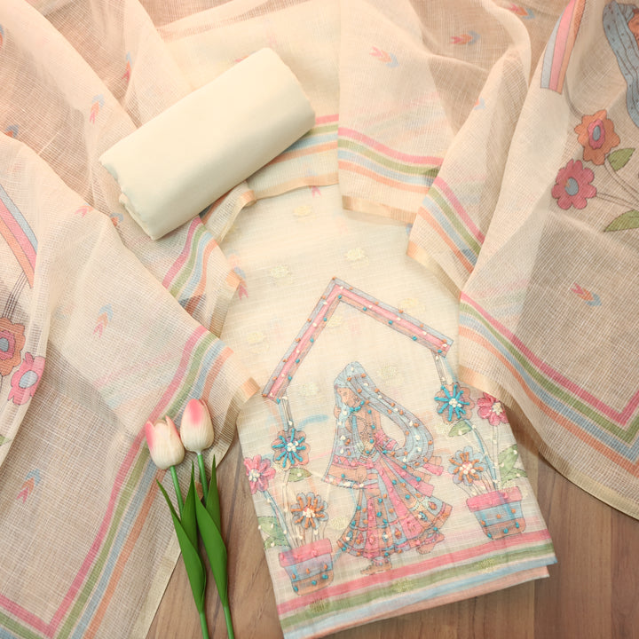 Arya Sand Beige Digital Print with French Knot Work Kota Doriya Set