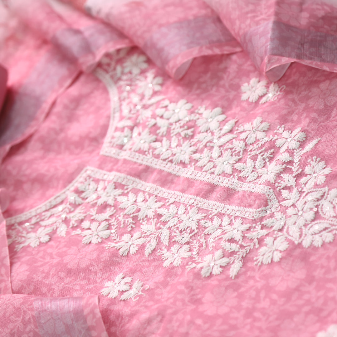 Roop Blush Pink Thread Work Embroidery Neck Cotton Linen Suit Set