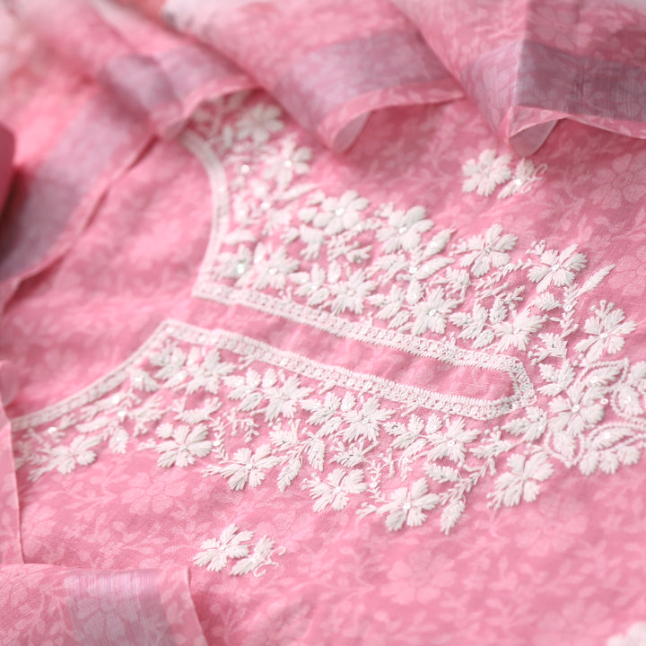 Roop Blush Pink Thread Work Embroidery Neck Cotton Linen Suit Set