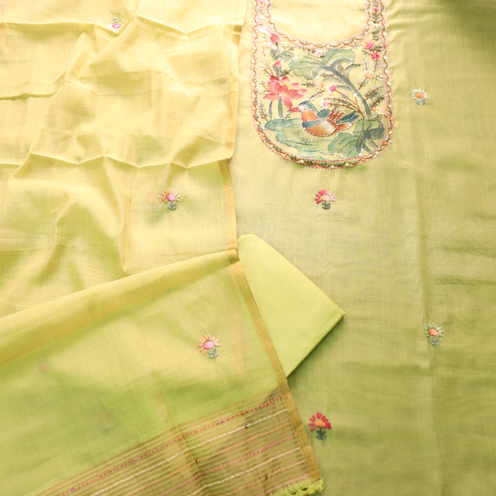 Hanshika Butter Yellow Floral Hand Painted Kantha Work Chanderi Set