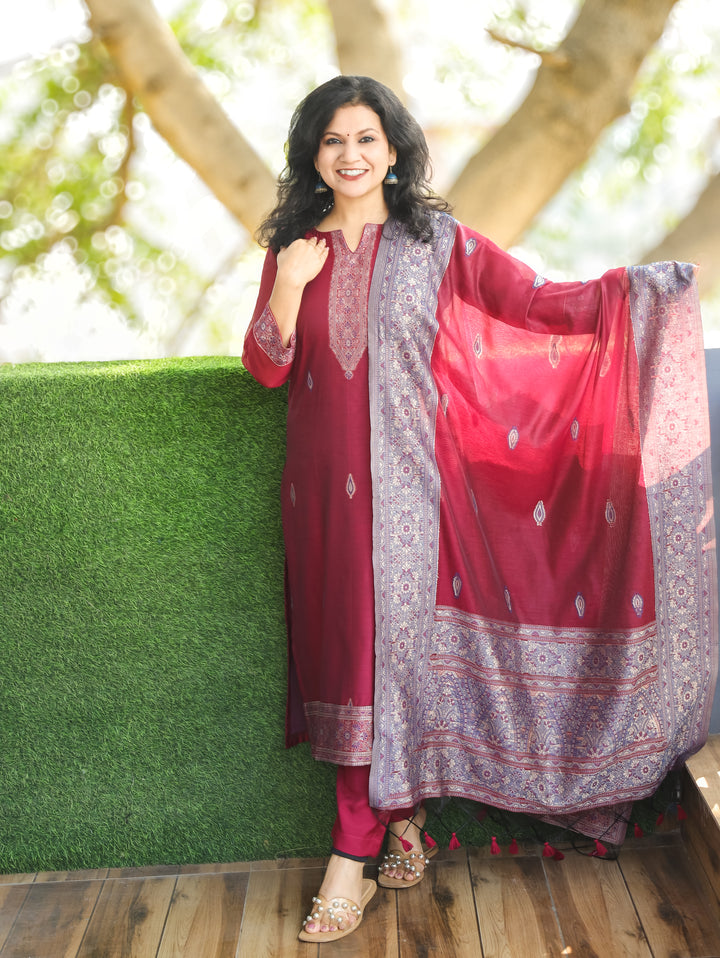 Rupali Mocha Wine Round Neck in Jamdani Kashmiri Inspired Chanderi 3 Piece Set