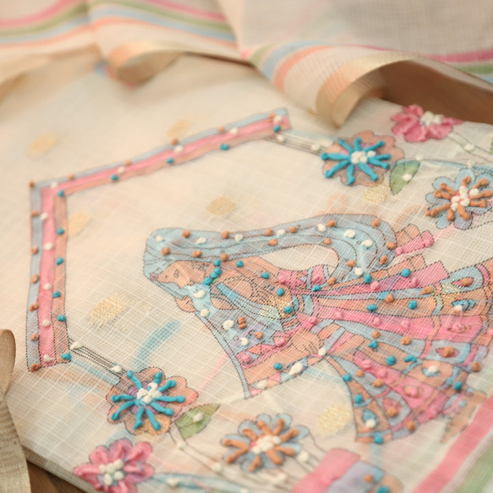 Arya Sand Beige Digital Print with French Knot Work Kota Doriya Set