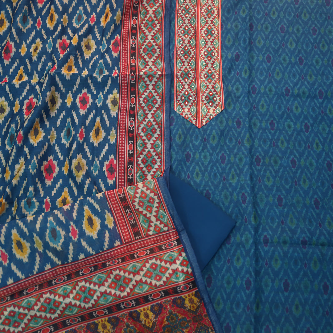 Pardesi Cerulean Blue Kantha Work Patch in Printed Chanderi Suit Set