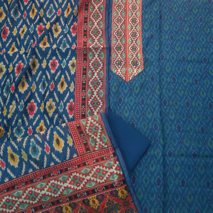 Pardesi Cerulean Blue Kantha Work Patch in Printed Chanderi Suit Set
