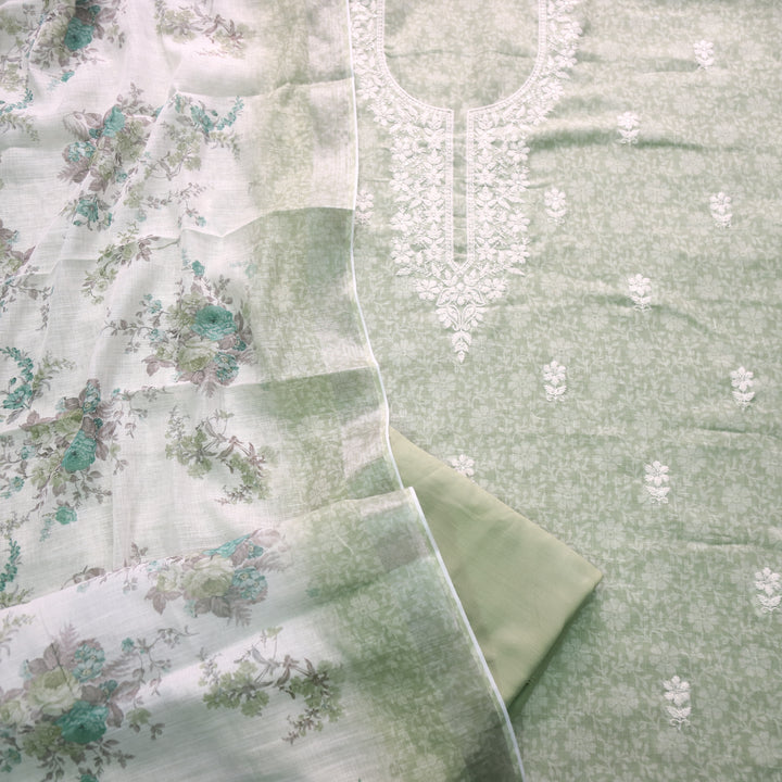 Roop Mint Green Thread Work Embroidery Neck Cotton Linen Suit Set
