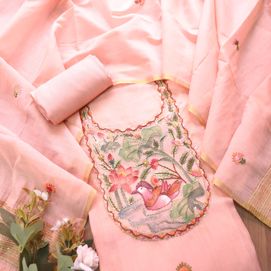 Hanshika Peachy Pink Floral Hand Painted Kantha Work Chanderi Set