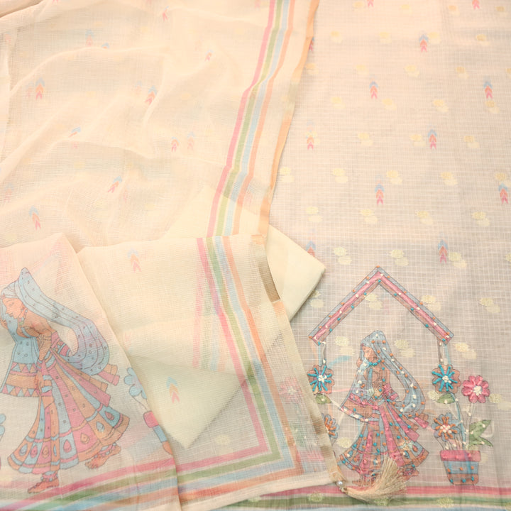 Arya Sand Beige Digital Print with French Knot Work Kota Doriya Set