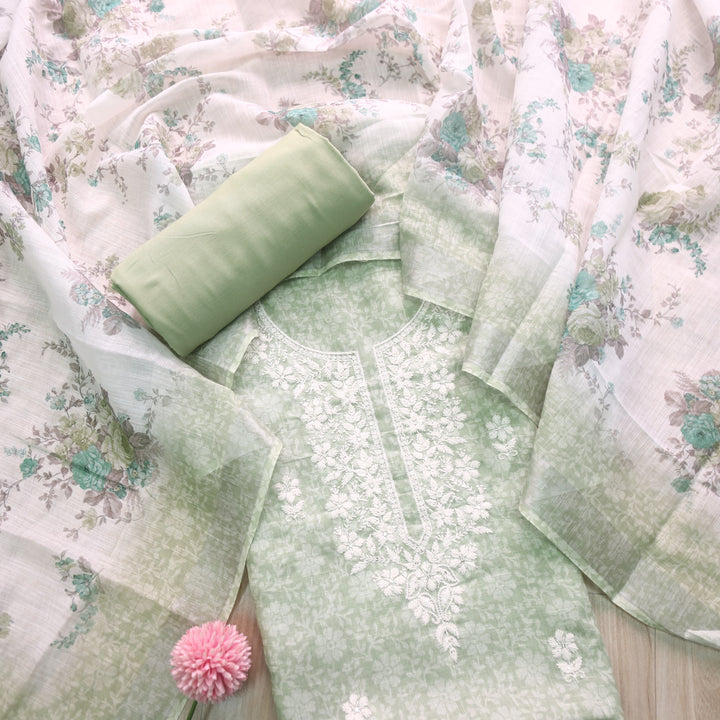 Roop Mint Green Thread Work Embroidery Neck Cotton Linen Suit Set