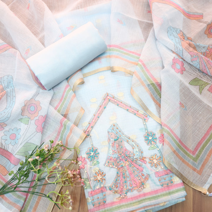 Arya Powder Blue  Digital Print with French Knot Work Kota Doriya Set