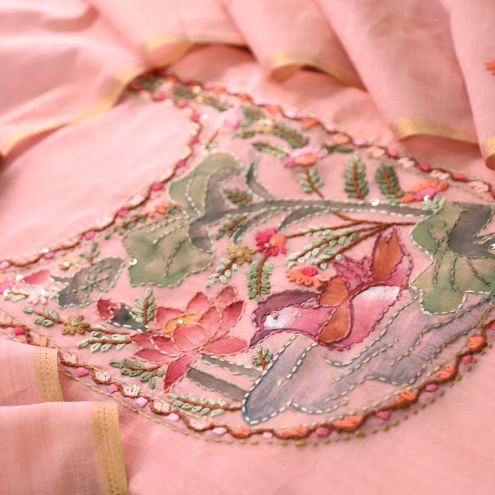 Hanshika Peachy Pink Floral Hand Painted Kantha Work Chanderi Set