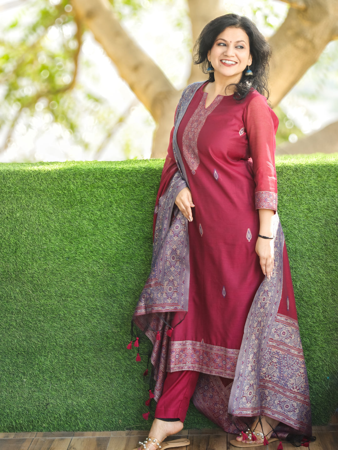 Rupali Mocha Wine Round Neck in Jamdani Kashmiri Inspired Chanderi 3 Piece Set