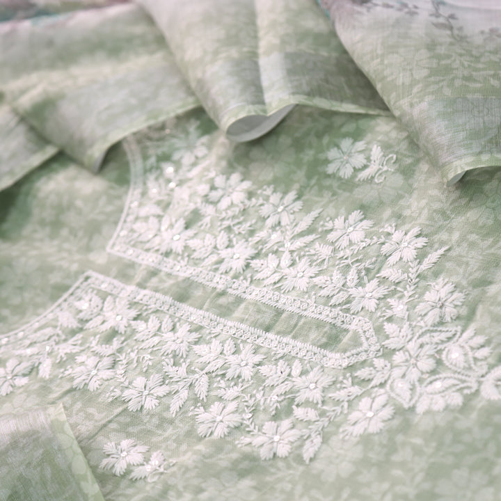 Roop Mint Green Thread Work Embroidery Neck Cotton Linen Suit Set