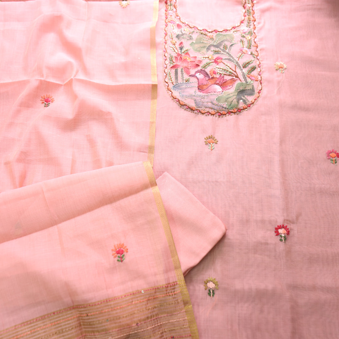 Hanshika Peachy Pink Floral Hand Painted Kantha Work Chanderi Set