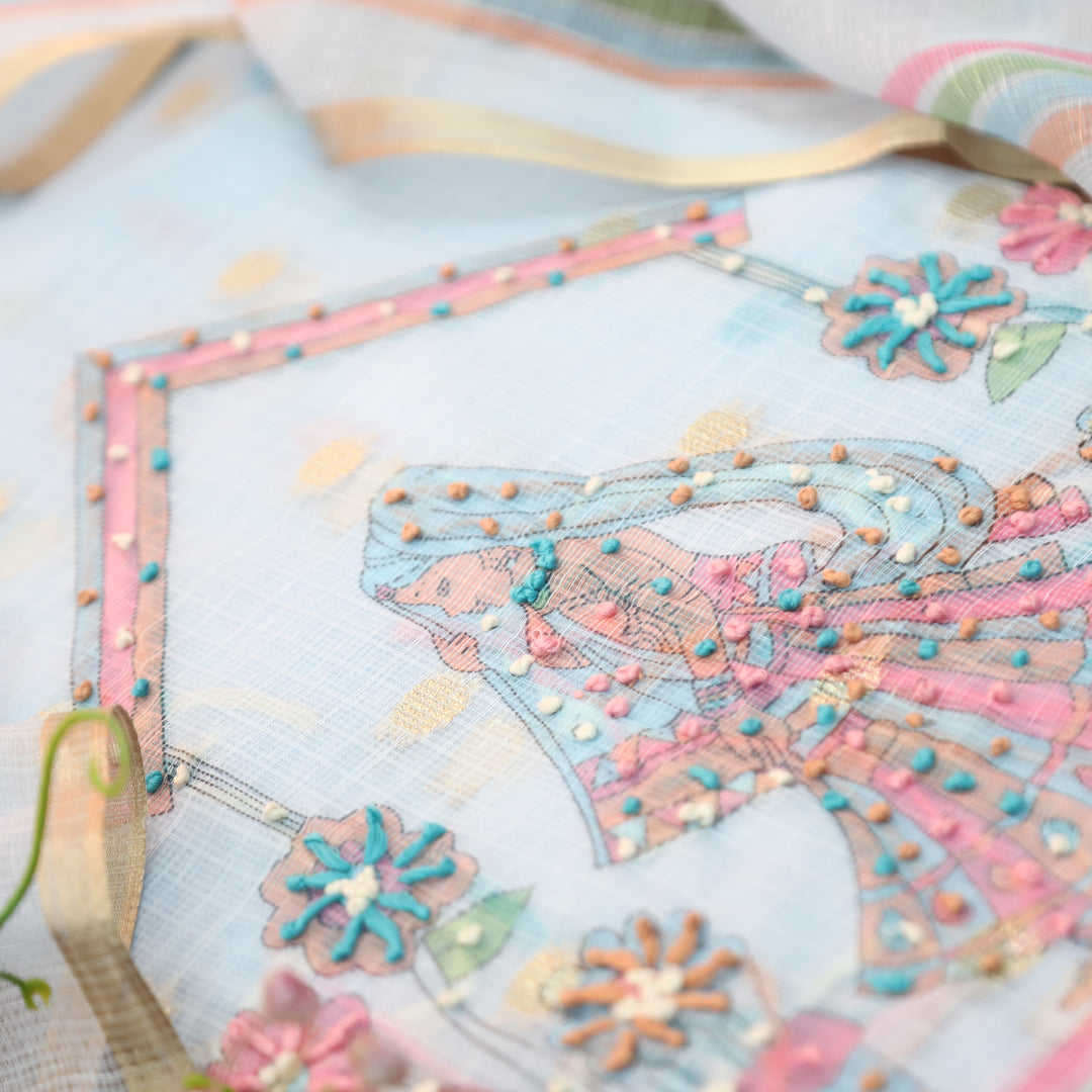 Arya Powder Blue  Digital Print with French Knot Work Kota Doriya Set