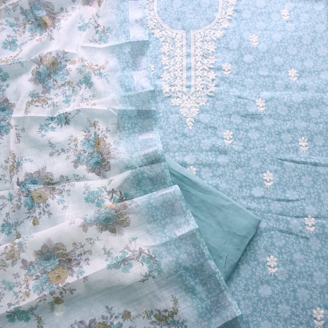 Roop Pastel Blue Thread Work Embroidery Neck Cotton Linen Suit Set