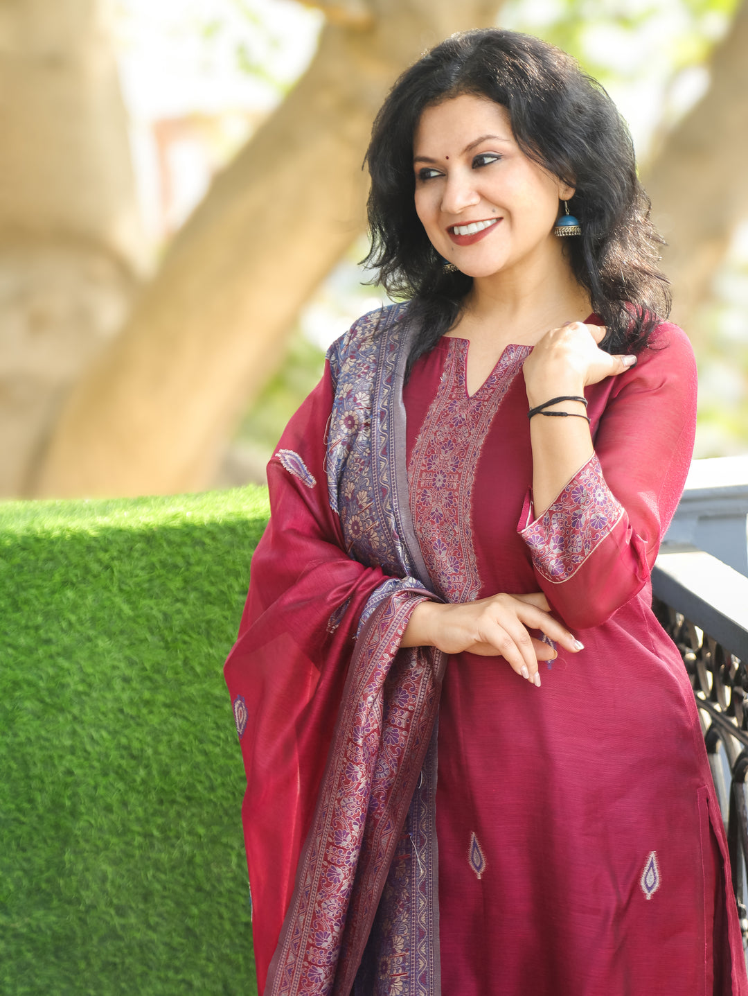 Rupali Mocha Wine Round Neck in Jamdani Kashmiri Inspired Chanderi 3 Piece Set