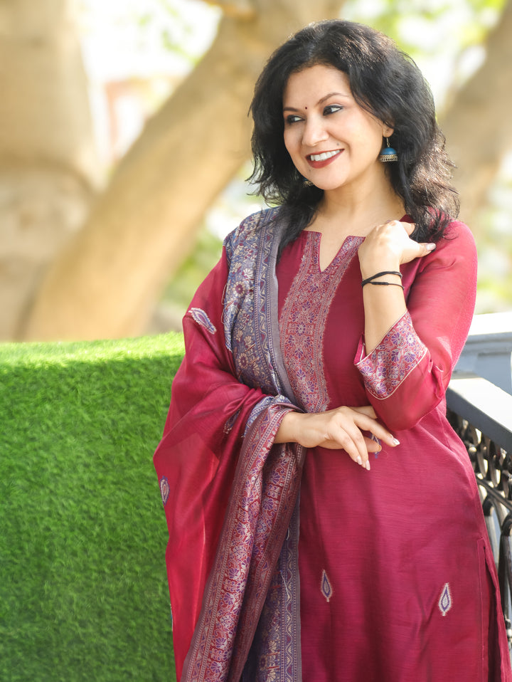 Rupali Mocha Wine Round Neck in Jamdani Kashmiri Inspired Chanderi 3 Piece Set