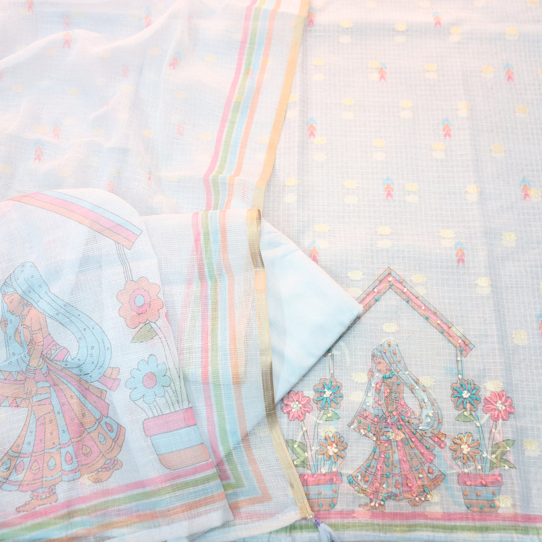 Arya Powder Blue  Digital Print with French Knot Work Kota Doriya Set