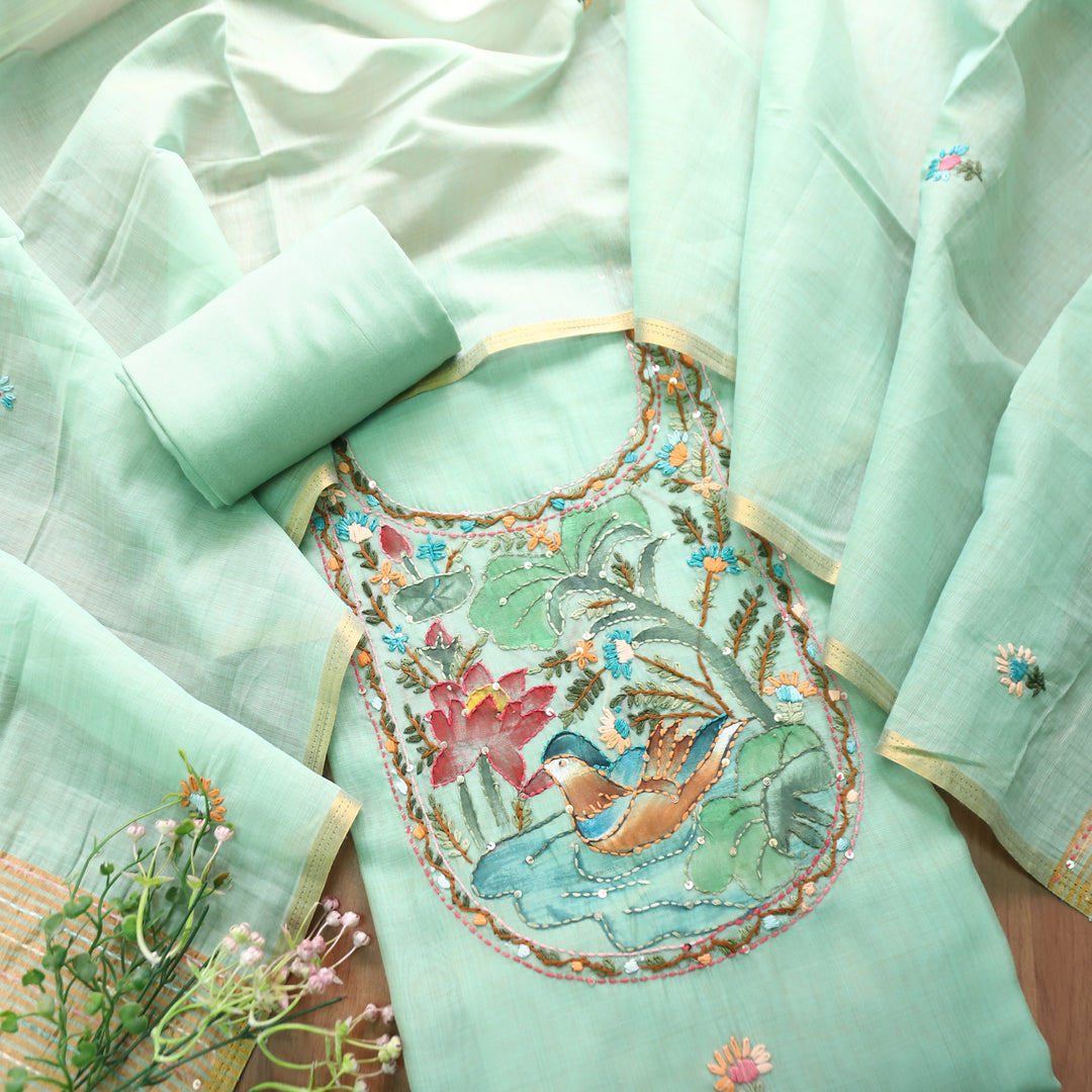 Hanshika Sea Form Green Floral Hand Painted Kantha Work Chanderi Set