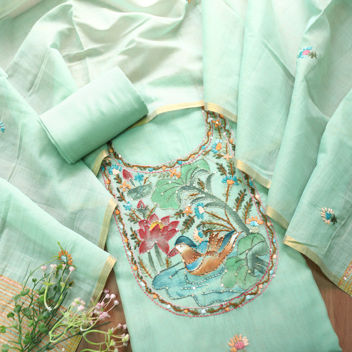 Hanshika Sea Form Green Floral Hand Painted Kantha Work Chanderi Set