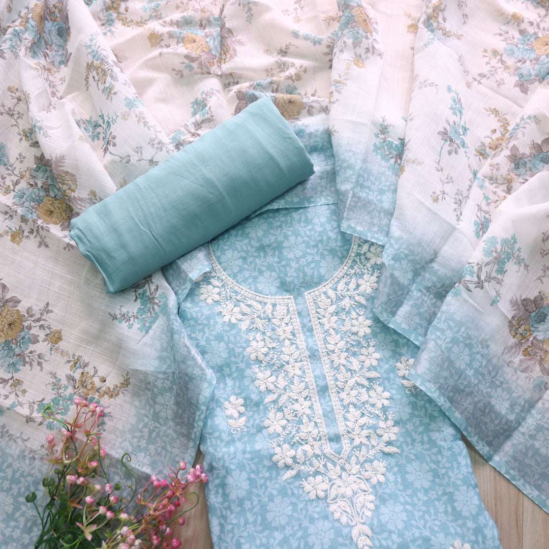 Roop Pastel Blue Thread Work Embroidery Neck Cotton Linen Suit Set