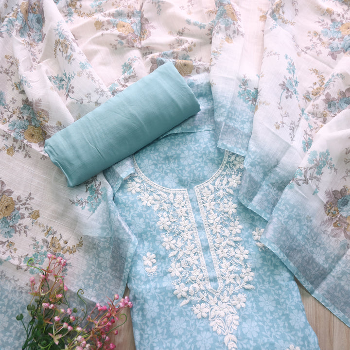 Roop Pastel Blue Thread Work Embroidery Neck Cotton Linen Suit Set