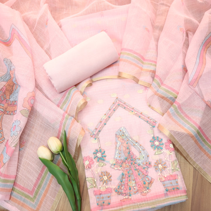 Arya Candy Pink Digital Print with French Knot Work Kota Doriya Set